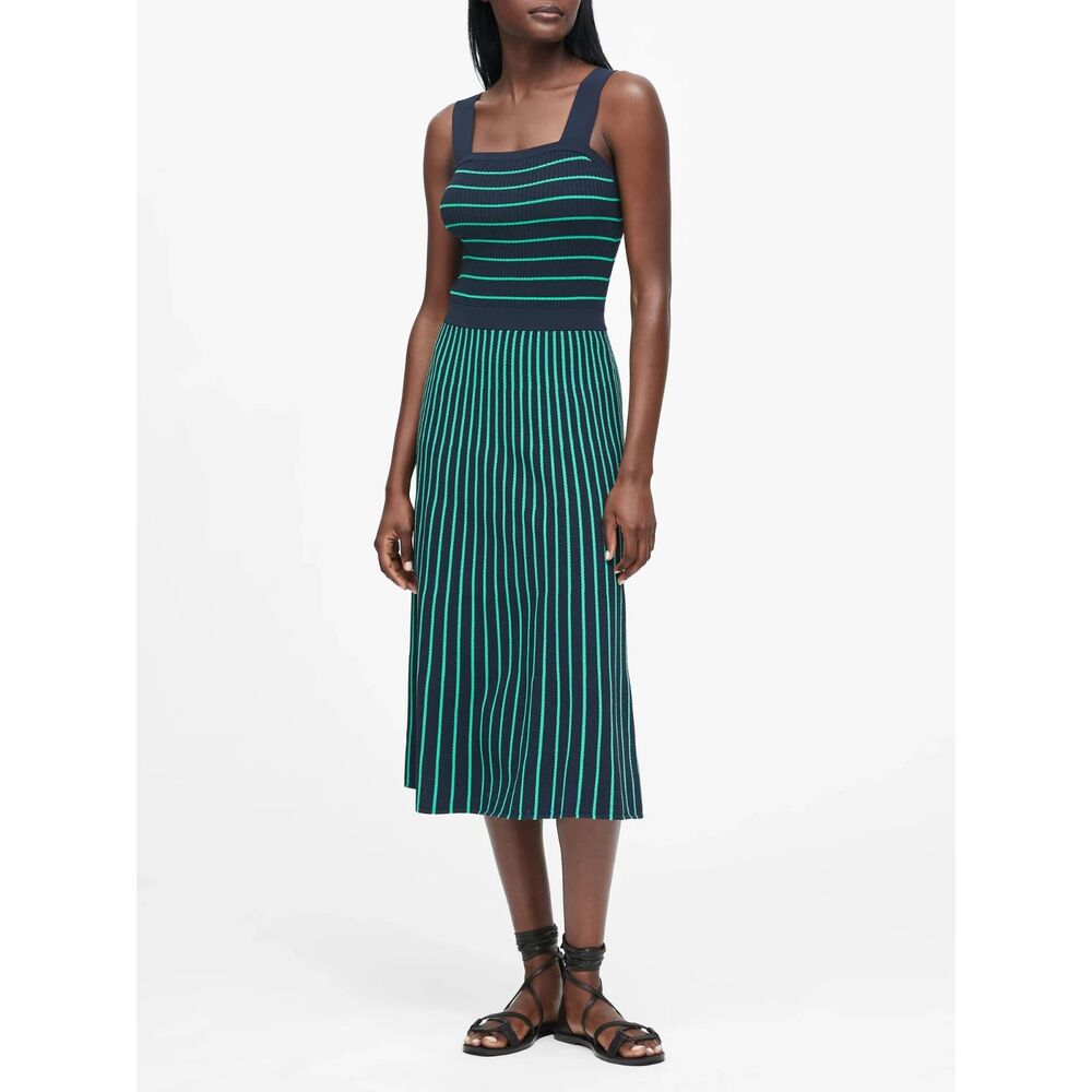 Banana Republic SQUARE-NECK KNIT MIDI DRESS in Navy & Emerald Green Stripe